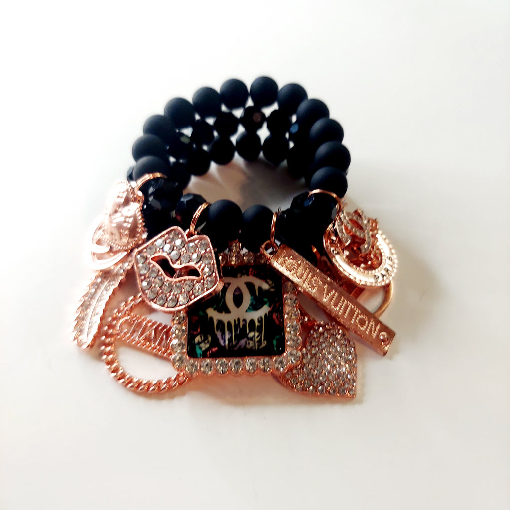 Stacked Beaded Charm Bracelet (Black/Rose Gold)